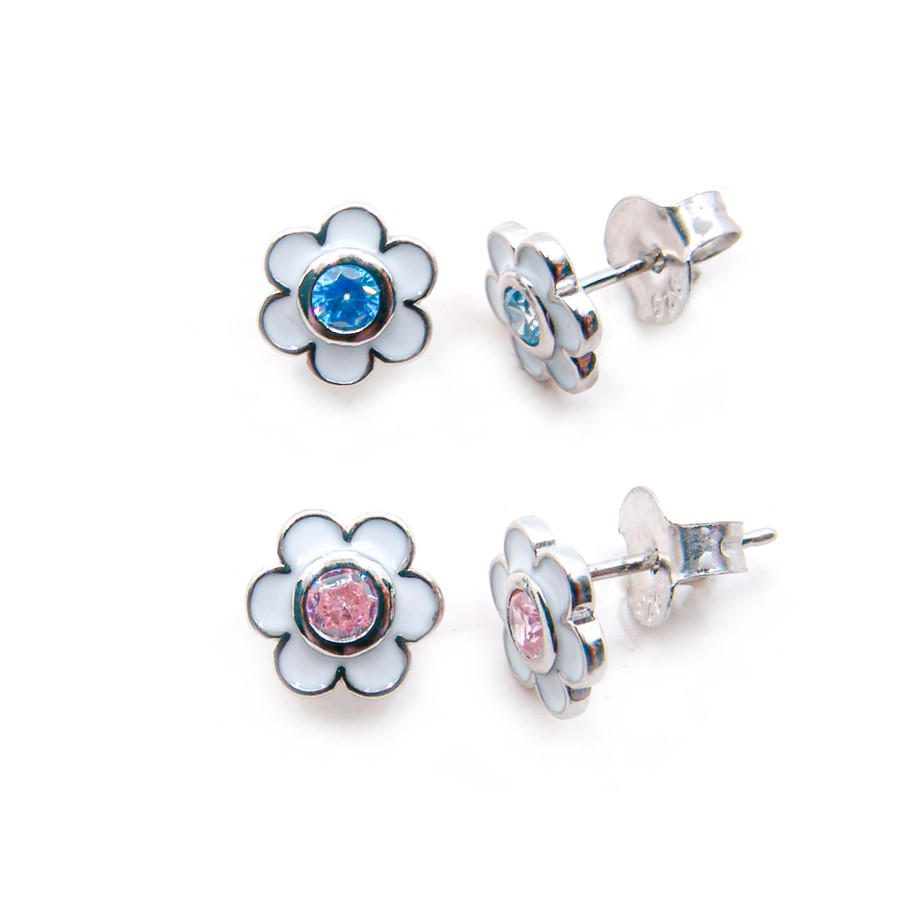 P. Pendientes Flor con piedra colores y esmalte Rodiados