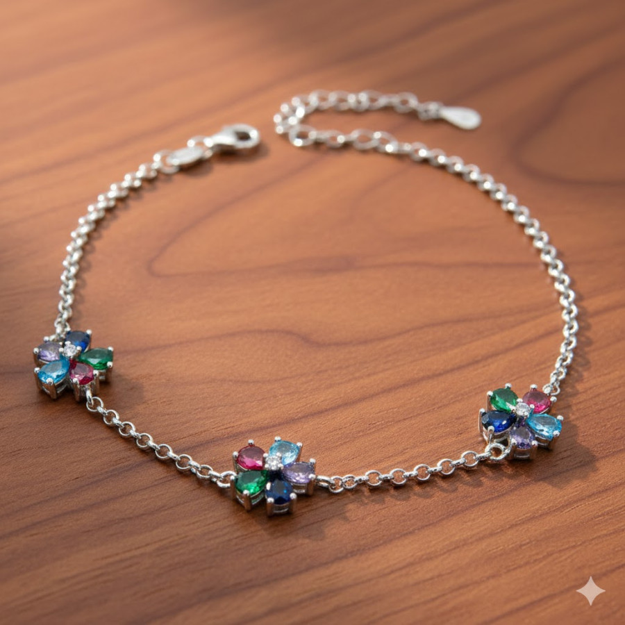 Pulsera 3 Flores con piedras de colores Rodiada