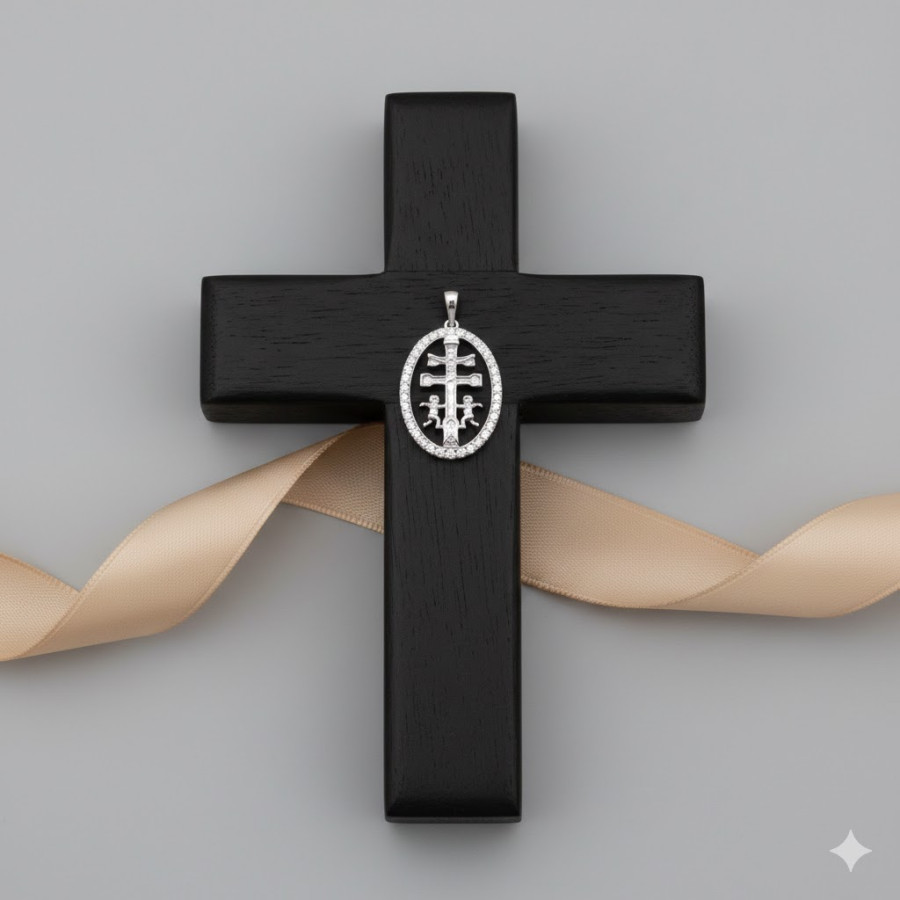 Colgante Cruz de Caravaca cerco 17x12mm c/piedras Rodiada