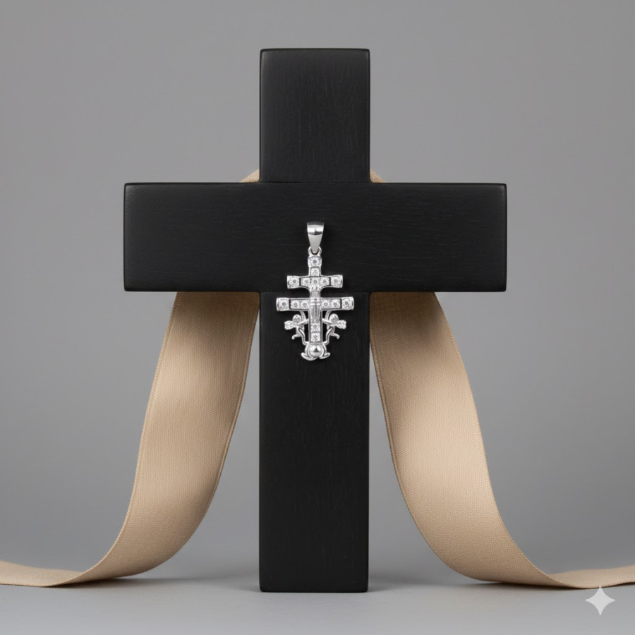 Colgante Cruz de Caravaca con piedra 16mm x 11mm Rodiado